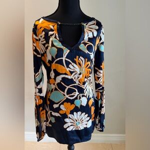 Arden B Navy and Orange Silk Floral Blouse